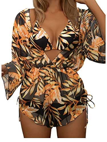 Women's 3 Piece Swimsuit Set with Sheer Mesh Cover Up