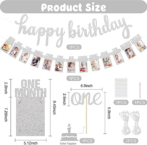 Paready First Birthday Photo Banner, Happy Birthday Decor for Boy or Girl (Silver)