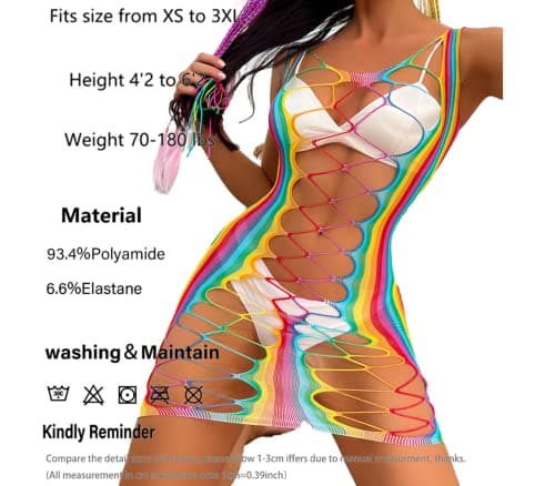 MINGSEECESS Women's Rainbow Striped See-Through Bodysuit Bikini Cover-Up