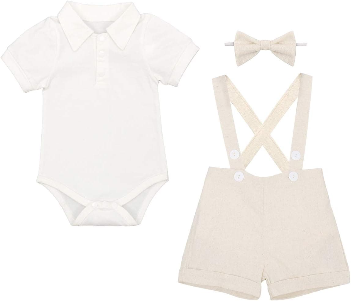 Baby Boys Formal Suit Set Short Sleeve Romper Suspenders Shorts Pants Bowtie Wedding Tuxedo Outfits Cake Smash Clothes