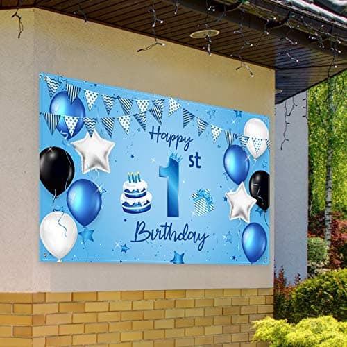 Blue Happy 1st Birthday Backdrop Banner