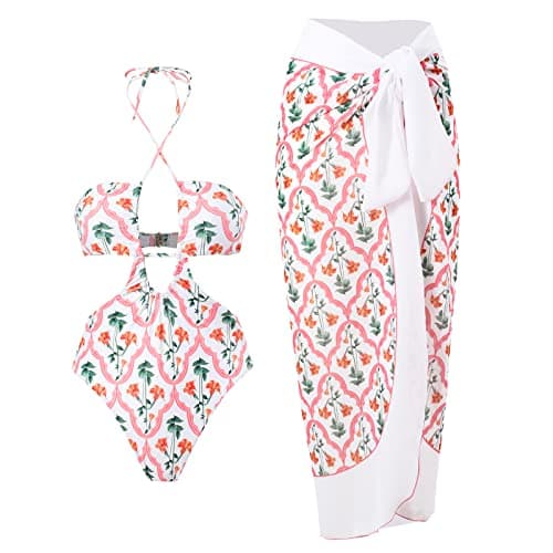 Women's Retro Floral Print Bikini Set with Beach Cover up