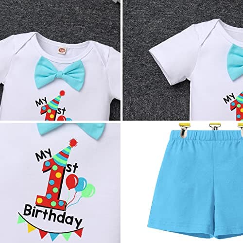 Baby Boy First Birthday Outfit with Bunting Flag Bow Tie Bodysuit Shorts Suspenders