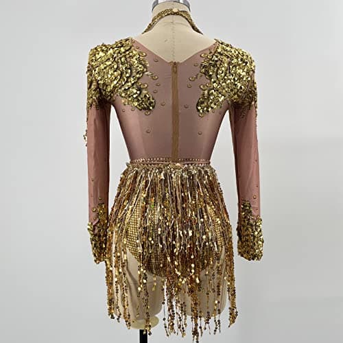 Youmeisha Shiny Sequins Bodysuit & Fringe Rhinestone Dancing Outfit