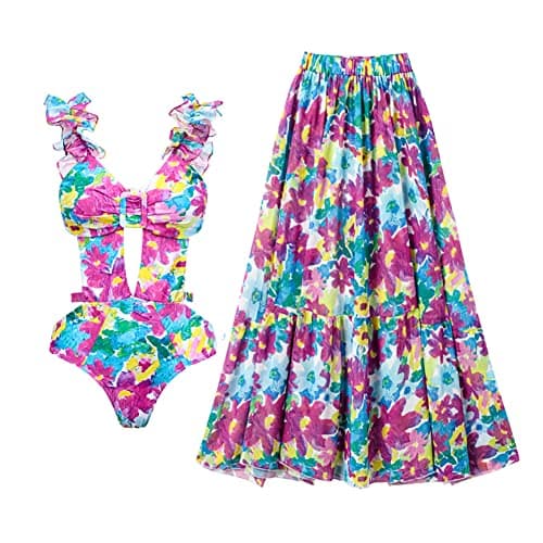 Women's Floral Print Swimsuit with Maxi Beach Skirt for Summer Holiday