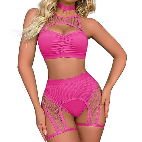 ABAFIP Women's Festival Rave Outfits: Fishnet Top & Shorts Choker Nightwear