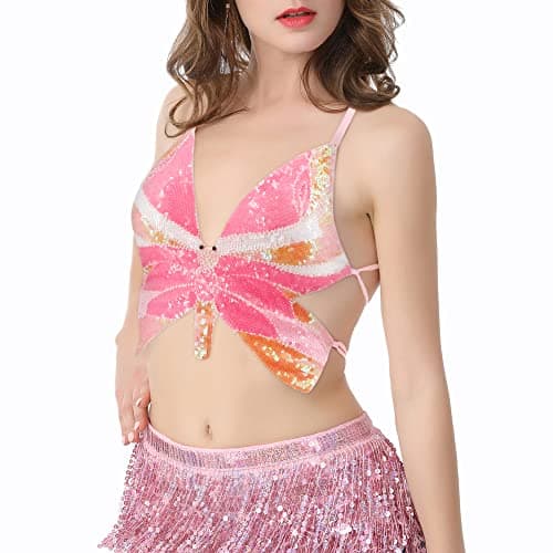 Glitter Sequin Butterfly Crop Top for Women