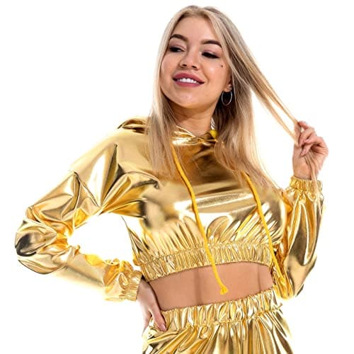 Womens Shiny Metallic Crop Top Hoodie