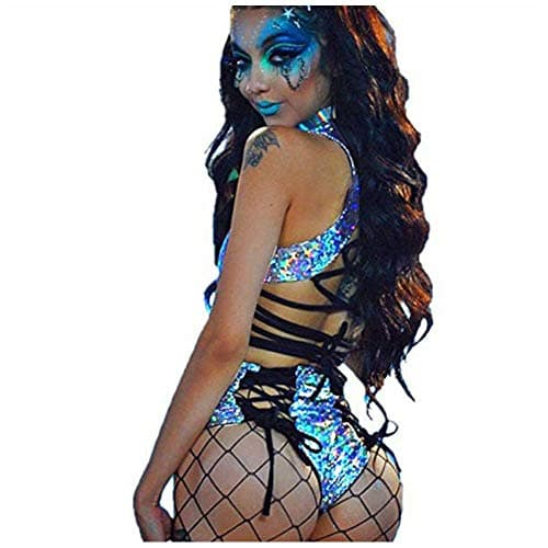 Women's Rave Holographic Bodysuit Set in Metallic Silver for Dance Parties and Festivals