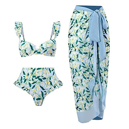 IMEKIS Women's 3-Piece Ruffle Floral Print Vintage Bikini Swimwear for Summer Holiday