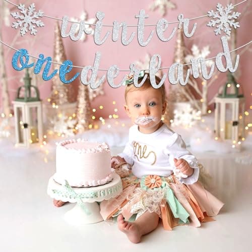 Ferburitar Silver & Blue Snowflake Winter Bunting Sign for 1st Birthday Decorations