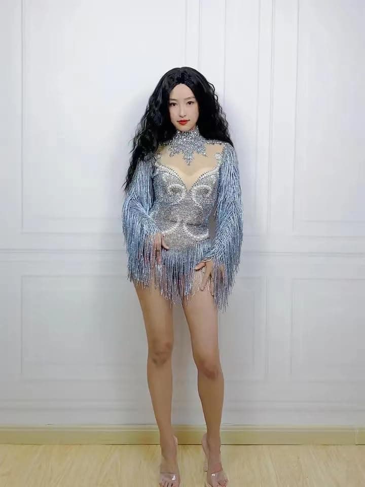 Earthradius Gray Tassel Crystal Women's Dancer Bodysuit Party Costume