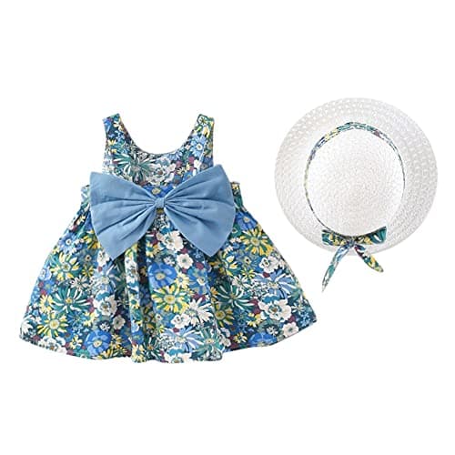 IMEKIS Toddler Girls Hawaiian Rainbow Backless Sundress & Straw Hat