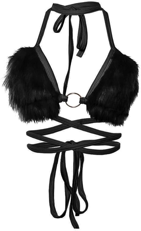Black Rave Top for Women: Black Fluffy Tops Bikini Bra Fur Crop Top Halter Bandage Camisole Rave Outfit for Women Festivals Sexy Halloween Cowgirl Costume Cosplay Lingerie Dance Clubwear Black