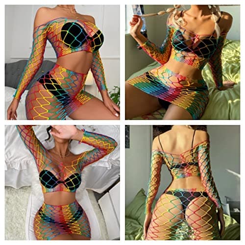 ZGMYC Women Rave Mesh Bikini Cover Ups & Mini Skirt Outfit