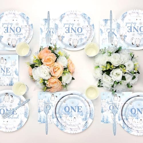 Detanpoly Arctic Polar Animal Party Plates & Napkins for Kids' 1st Birthday