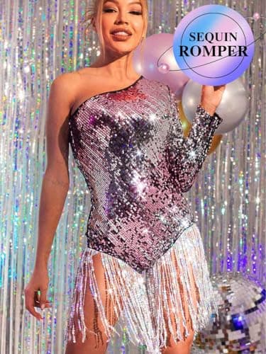 TWINKLEDE Glitter Fringe Romper Dress One Sleeve Party Costume for Women