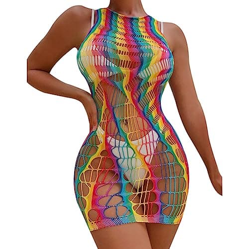 MINGSEECESS Women's Rainbow Striped See-Through Bodysuit Bikini Cover-Up