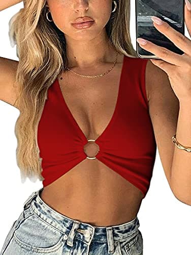 AEVZIV Women's Deep V Neck Crop Top Plunge Tank Top