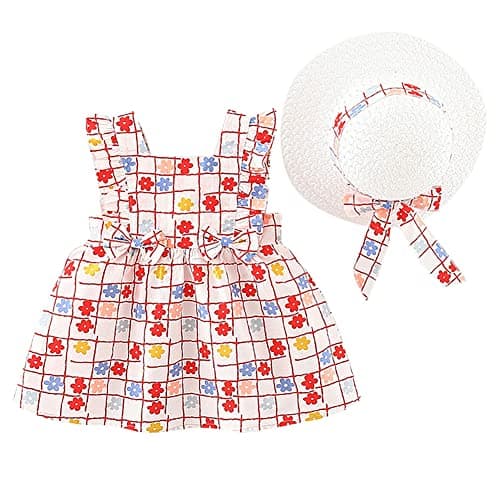 IMEKIS Toddler Girls Hawaiian Rainbow Backless Sundress & Straw Hat