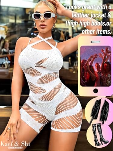 Kaei&Shi Striped Fishnet Sparkly Romper for Rave
