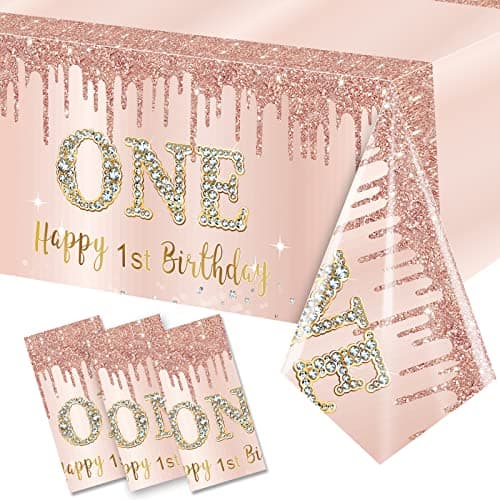 Excelloon 3 Pack Pink Rose Gold 1st Birthday Tablecloth Decorations