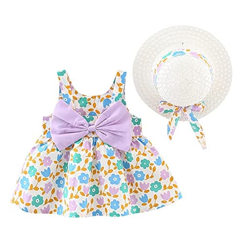 IMEKIS Toddler Girls Hawaiian Rainbow Backless Sundress & Straw Hat