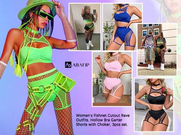 ABAFIP Women's Festival Rave Outfits: Fishnet Top & Shorts Choker Nightwear