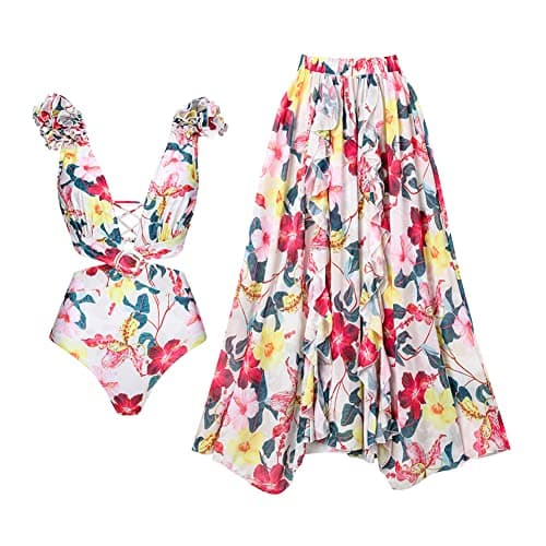 Women's One Piece Swimsuit with Floral Sarong Cover Up and Tummy Control