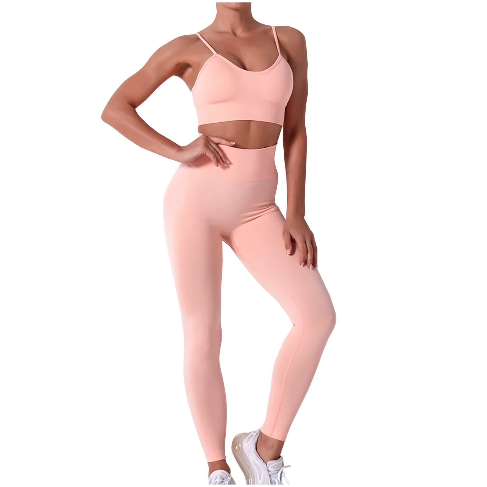 Fartey High-Waist Seamless Leggings Matching Backless Strappy Sports Bras Yoga Running Set