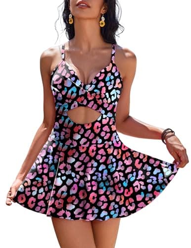 AI'MAGE Women's V-Neck One Piece Swim Dress with Tie Back Skirt