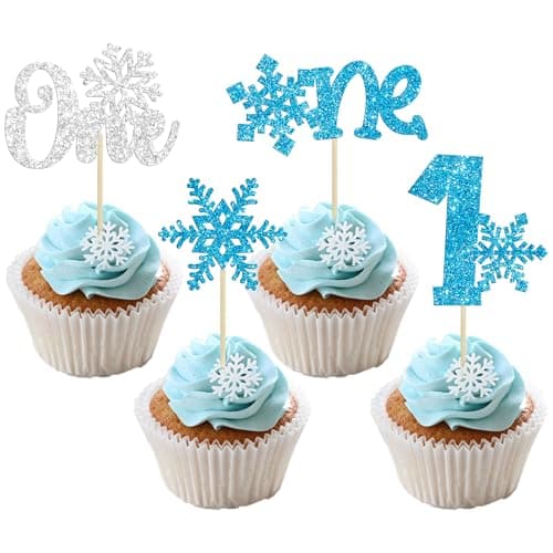 Gyufise 24 Pack Blue Silver Glitter Snowflake Cupcake Toppers for Winter Birthday