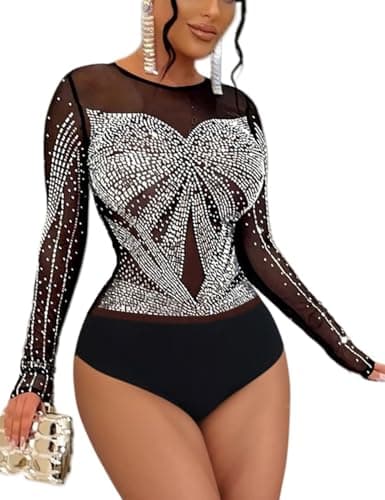 Sheer Mesh Long Sleeve Bodysuit for Women