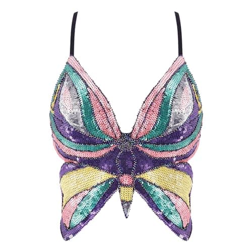 Glitter Sequin Butterfly Crop Top for Women