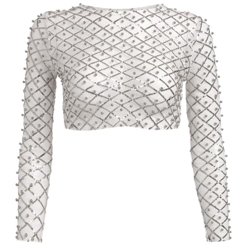 IMEKIS Sparkle Sequins Beads Sheer Mesh Crop Top for Women