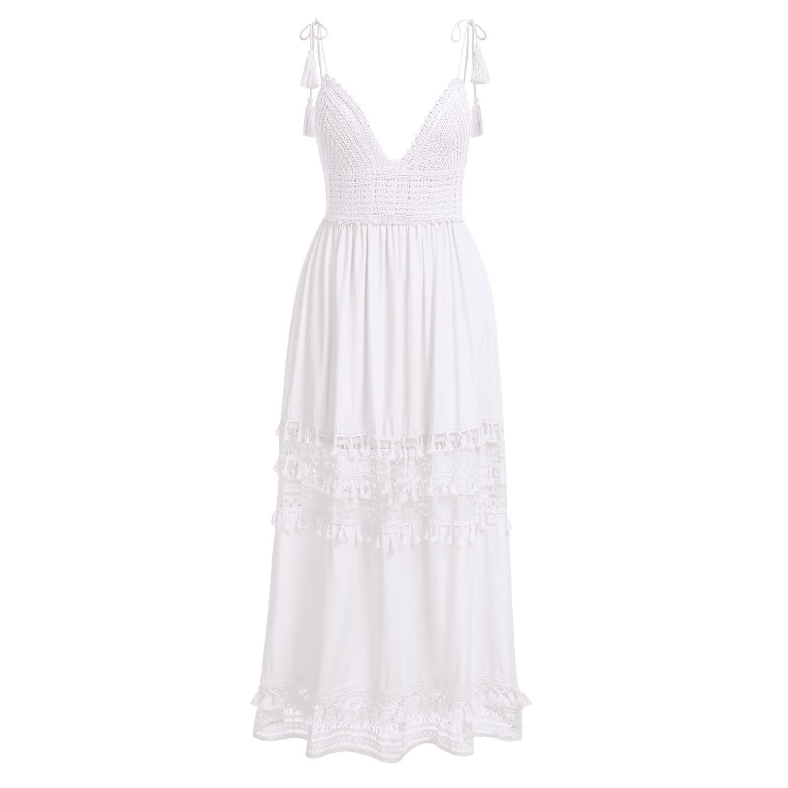Boho Maxi Dress Lace Up Tassel V Neck Flare Wedding Beach Dresses