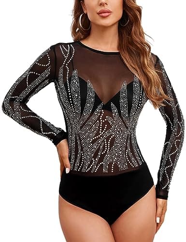 UEOIOW Women's Sheer Mesh Rhinestone Bodysuit Tops