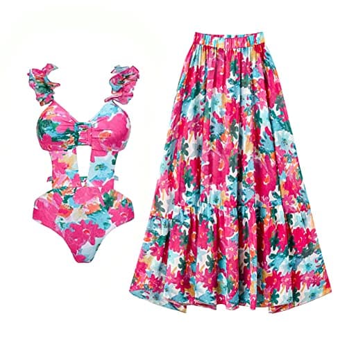 Women's Floral Print Swimsuit with Maxi Beach Skirt for Summer Holiday
