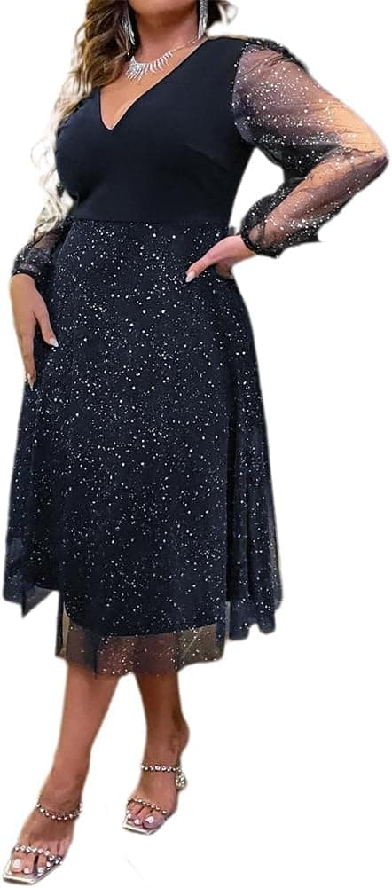 Plus Size Wedding Guest Dress for Women Long Sleeve V Neck Mesh Ruffle Party Dress Sparkle Glitter Cocktail Dress