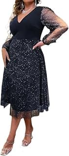 Plus Size Wedding Guest Dress for Women Long Sleeve V Neck Mesh Ruffle Party Dress Sparkle Glitter Cocktail Dress