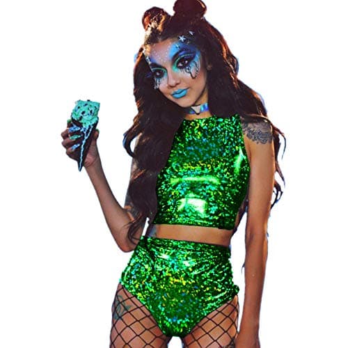 Women's Rave Holographic Bodysuit Set in Metallic Silver for Dance Parties and Festivals
