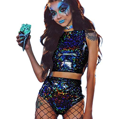 Women's Rave Holographic Bodysuit Set in Metallic Silver for Dance Parties and Festivals