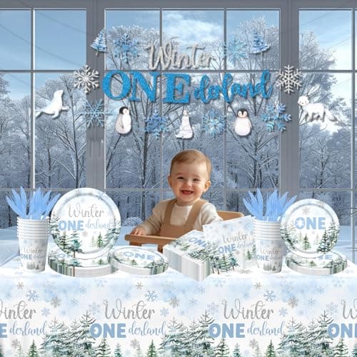 HAKOTI Winter Wonderland 1st Birthday Boy Tableware - 142 Pcs Blue Snowflake Plates & Napkins