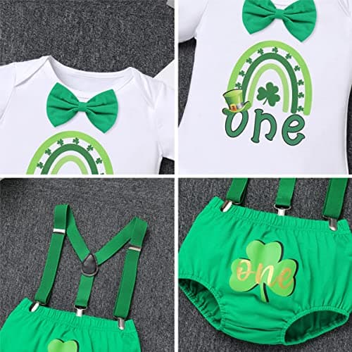 Baby Boy St. Patrick's Day Green Romper with Suspender Shorts and Crown Hat