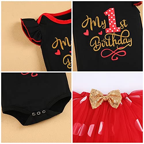 Baby Girl Birthday Outfit Set: Romper Top, Polka Dots Tutu Skirt, Headband