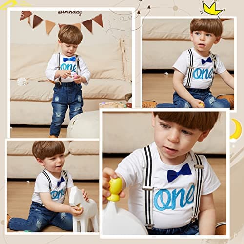 Pinleck Toddler Boy Birthday Outfit Bowtie Romper Suspender Jeans Set