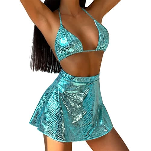 Metallic Rave Outfit: Women's Shiny Bikini Snakeskin Bra Skirt Swimsuit Costume