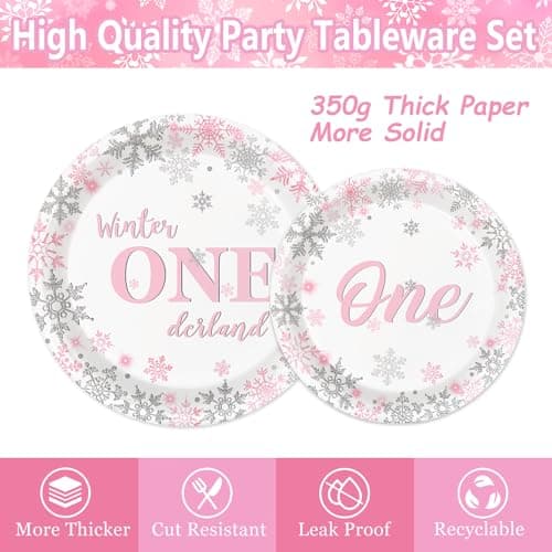 Oigco Winter Onederland Pink & Silver Snowflake Plates & Napkins Set