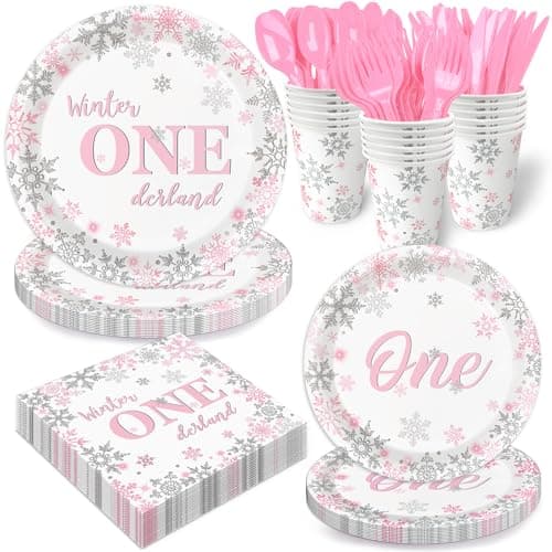 Oigco Winter Onederland Pink & Silver Snowflake Plates & Napkins Set