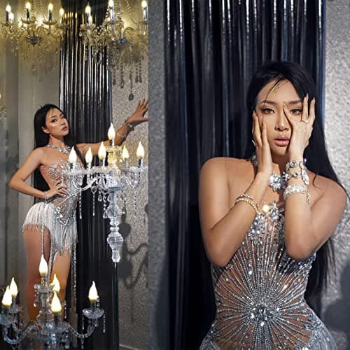 Youmeisha Sparkly Rhinestone Fringes Sequins Women's Mesh Dance Costume